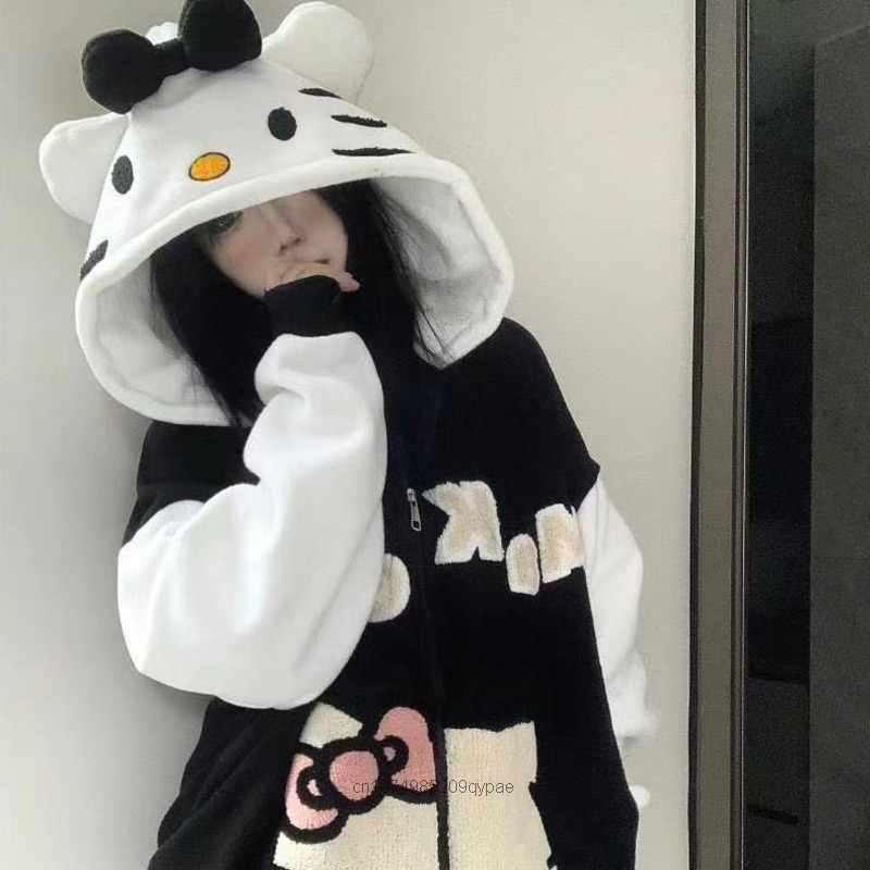 Sanrio Hello Kitty Kawaii Cardigan Coat Women Autumn Winter New Thickened Hoodie Y2k Preppy Cute Cartoon Sweatshirt Girl Clothes