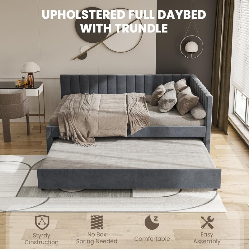 Cama de día tapizada de tamaño completo con Trundle para habitación de invitados, dormitorio, marco de sofá cama de madera maciza con diseño de sofá cama, fácil de poner