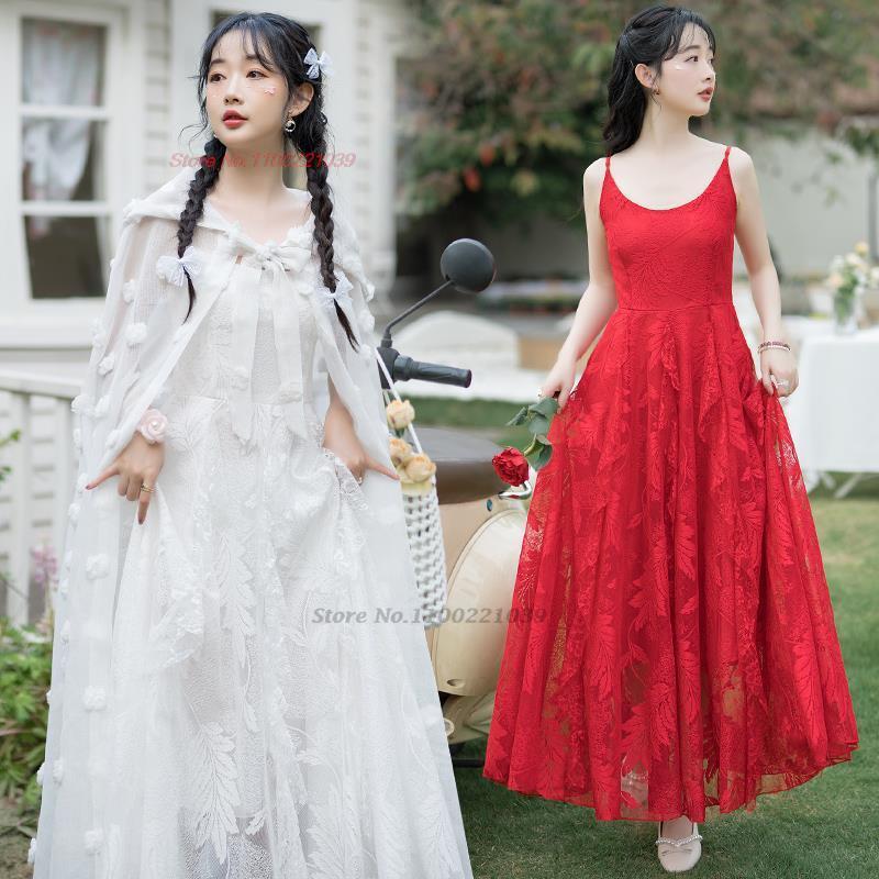 Vestido tradicional chinês Hanfu, estilo folclórico chinês, vestido sem mangas, bordado nacional de flores, princesa, chiffon, renda, chiffon, 2024