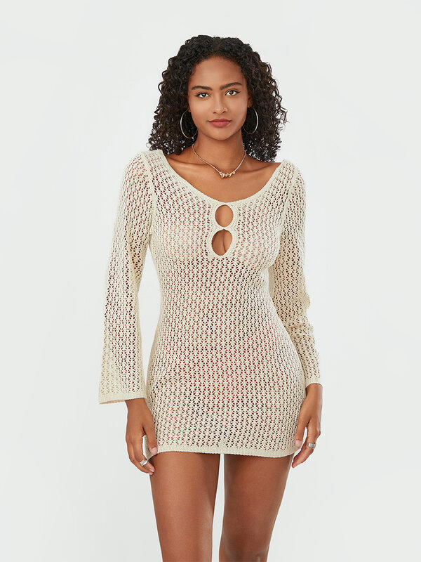 Women Knit Crochet Mini Dress Sheer Cutout V-Neck Long Sleeve Backless Short Dress Summer Swimmer Covers Up