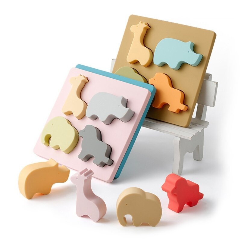 Bayi Montessori mainan pendidikan dini bebas BPA silikon hewan keseimbangan blok papan permainan warna anak-anak/bentuk pengenalan teka-teki