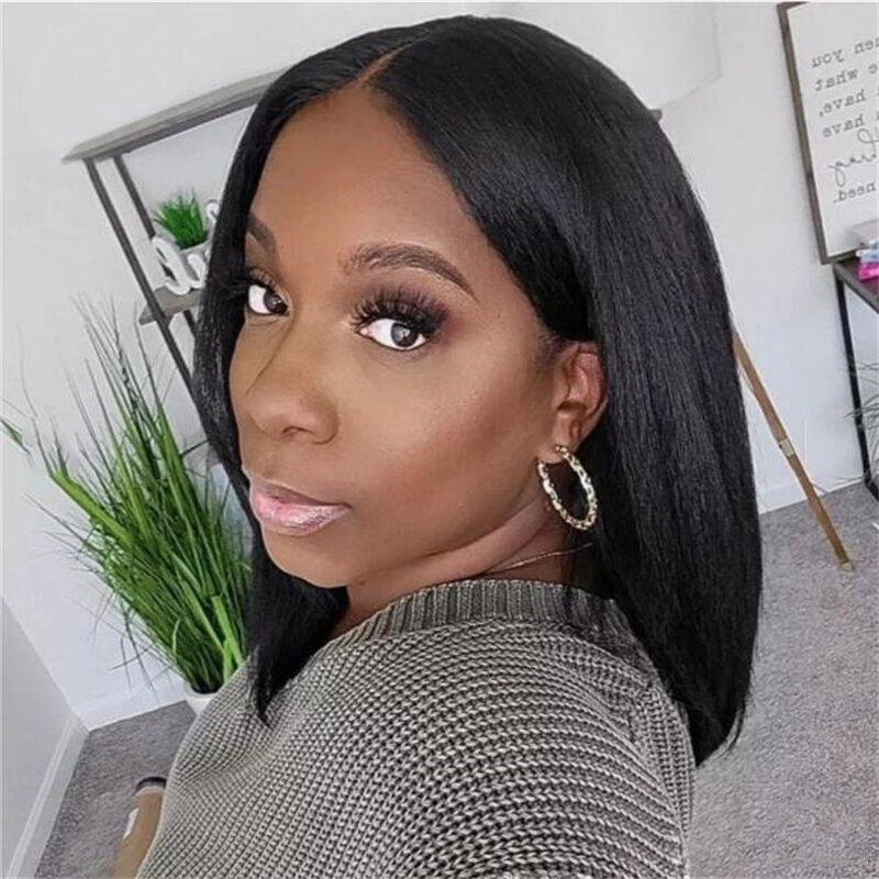 16“ Bob Yaki Glueless Soft 180Density Kinky Straight Lace Front Wig For Women BabyHair Synthetic Preplucked Heat Resistant Daily