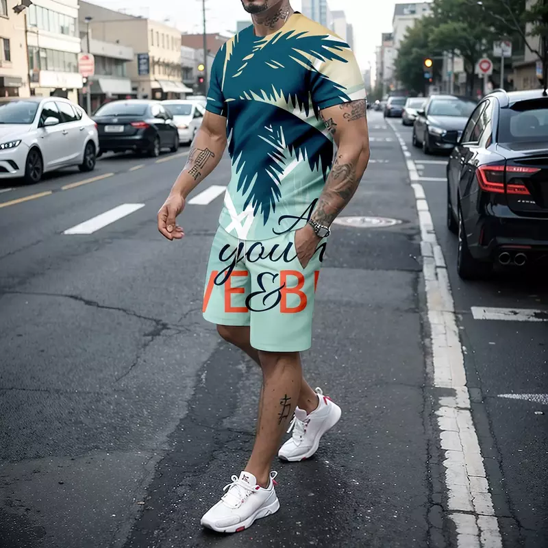 Summer Men's 3d Coconut Tree Printed Round Neck T-Shirt+Shorts Casual Sports Set Holiday Polyester Short Sleeved 2-Piece Set
