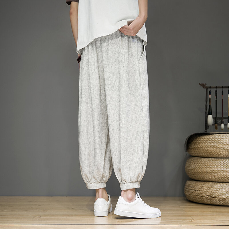 Celana kasual katun dan Linen musim panas Jepang untuk pria bersirkulasi dan nyaman celana panjang sepergelangan kaki