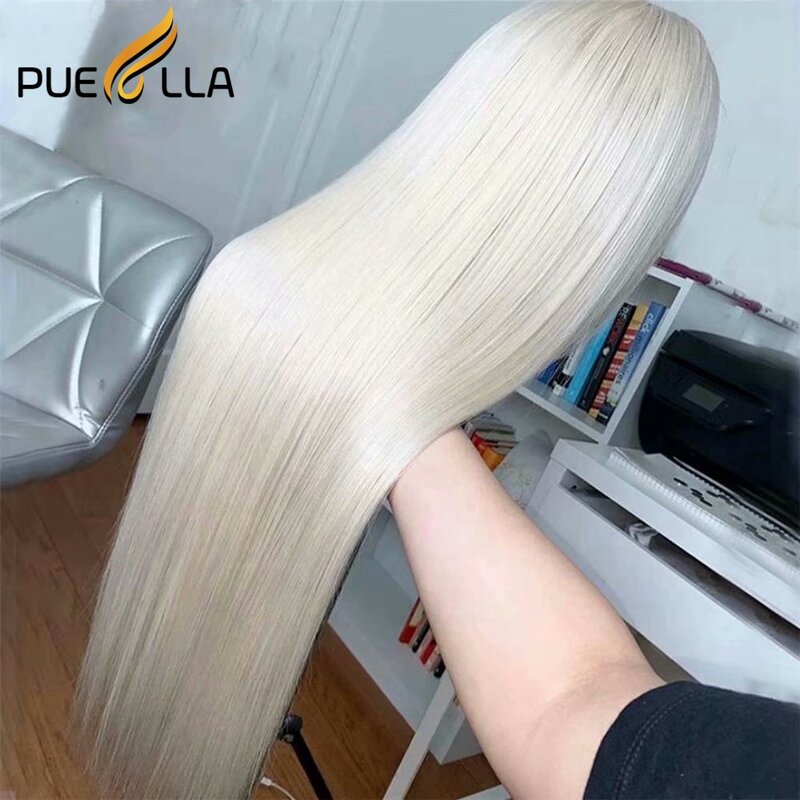 Straight Platinum Blonde Colored 13X4 Lace Front Wig Remy Human Hair Preplucked Transparent HD Lace White T Part Frontal Wigs