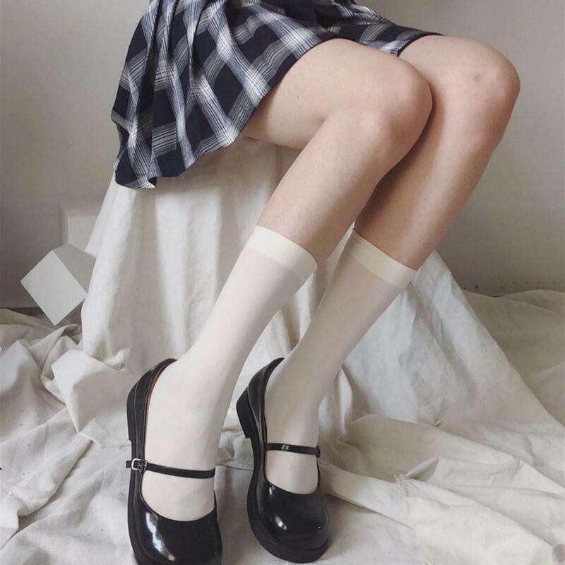 Meias pretas longas em estilo universitário japonês para mulheres, acima do joelho alto, lolita, monocromática, panturrilha, meias meio tubo, elásticas