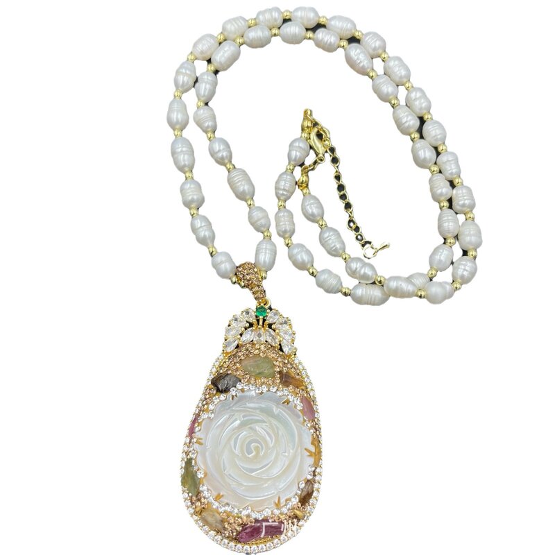 MVN059-Cadena de perlas con incrustaciones de conchas naturales en forma de flor para suéter, Collar personalizado de nicho de estilo Grace Lady, novedad de 2024