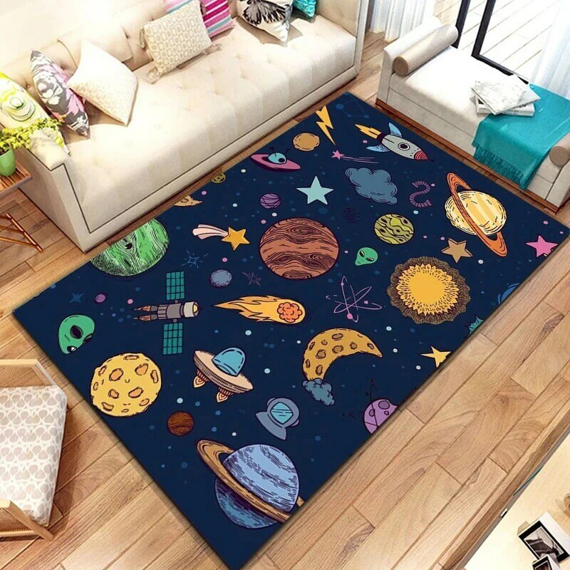 Kartun luar angkasa astronot karpet alam semesta Galaxy Area karpet untuk kamar tidur ruang tamu dekorasi Planet keset langit berbintang tikar lantai