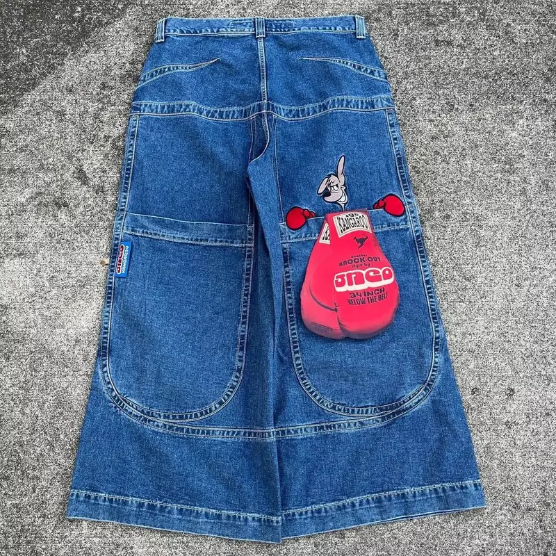 JNCO-Jeans gráfico Harajuku Kangaroo masculino, jeans hip-hop, calças largas vintage, calças largas góticas de cintura alta, bolso grande, azul, Y2K