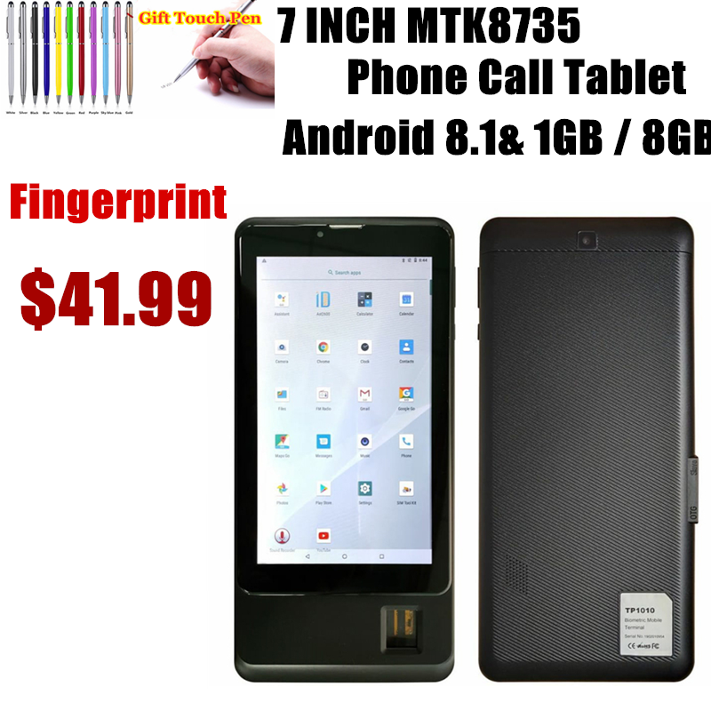 Tableta de 7 pulgadas con reconocimiento de huella dactilar, dispositivo con llamadas telefónicas, Android 8,1, GSM, 1GB/8GB, puertos SIM Dual, pantalla IPS, Quad Core, 4000mAh, gran oferta, MTK8735