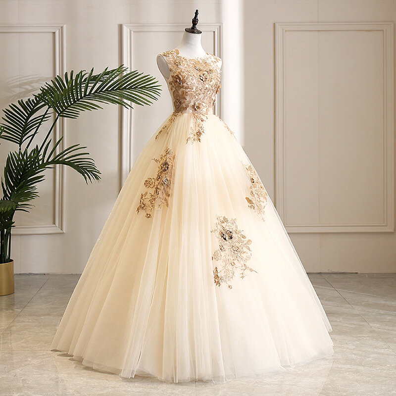 Gaun Prom Gaun Bola Sampanye Manik Aplikasi Bunga 3D Gaun Malam Glitter Leher Permata Tanpa Lengan Jubah Pesta Pernikahan