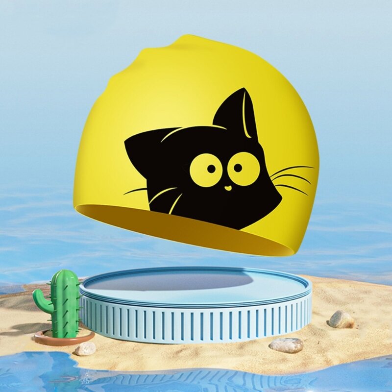 Topi Renang Kucing Lucu untuk Telinga Rambut Panjang Melindungi Anak-anak Topi Kolam Renang Silikon Elastis Tahan Air Topi Mandi Topi Menyelam