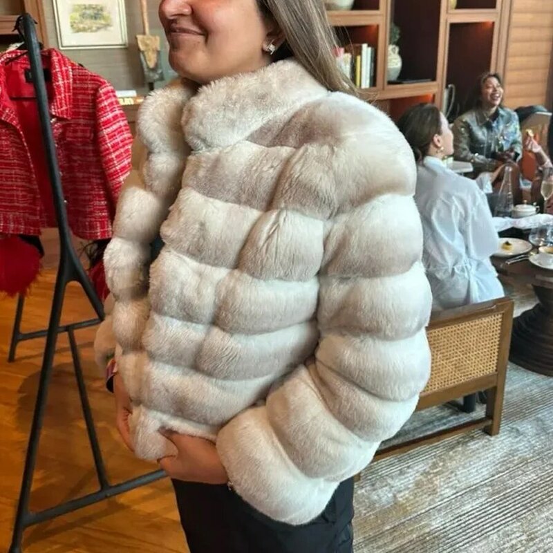 Natural Rex Rabbit Fur Coat Chinchilla Fur Coat With Lapel Luxury Brands Winter Ladies Real Fur Coats