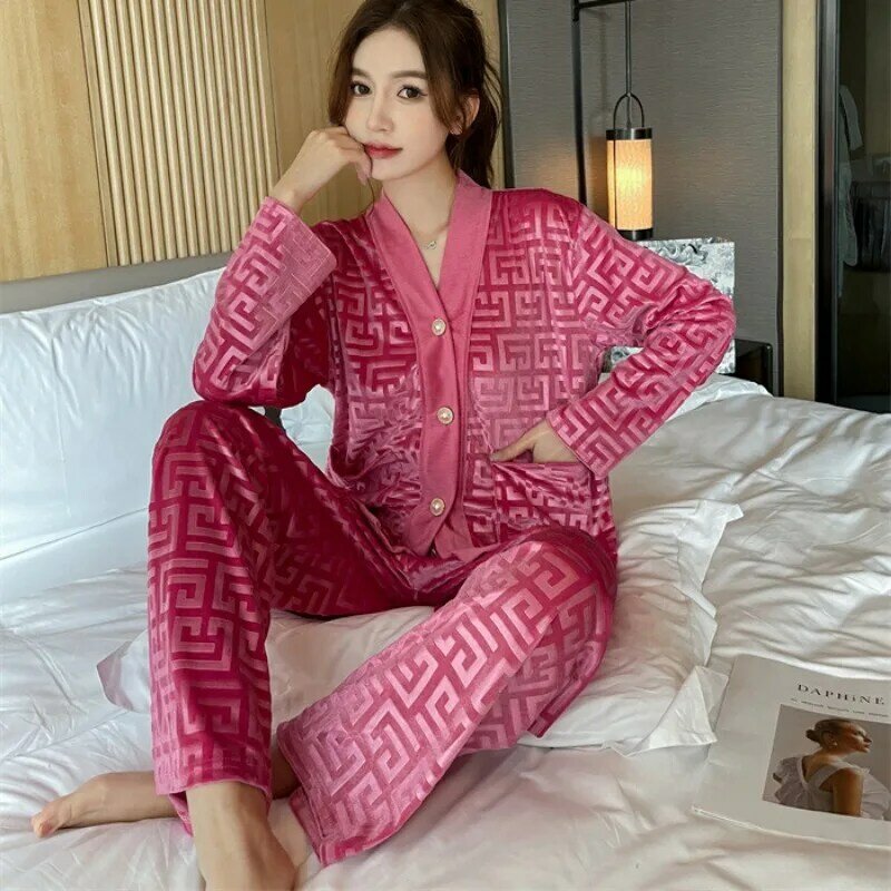 2023 New V Neck Nightwear  Women Pajamas Set Velvet Luxury Pressed Stripes Pattern Sleepwear Casual Thin Homewear Long Sleeve