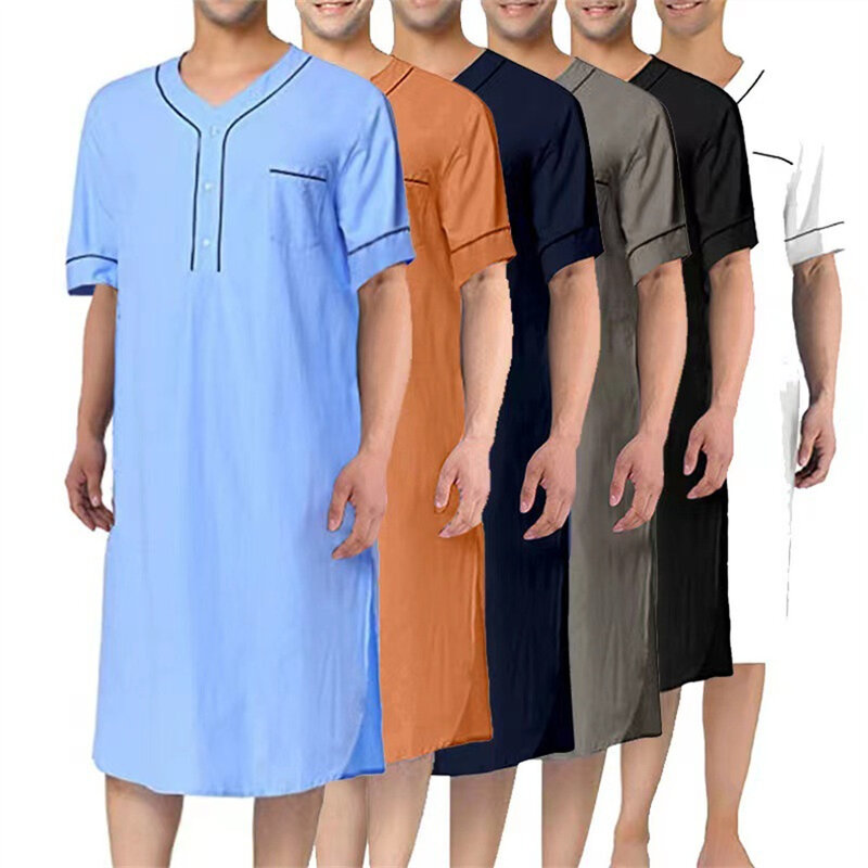 Męska suknia Abaya z krótkim rękawem w serek strój domowy codzienny luźna jednokolorowa koszula nocna islamska odzież muzułmańska sukienka letnia Thobes