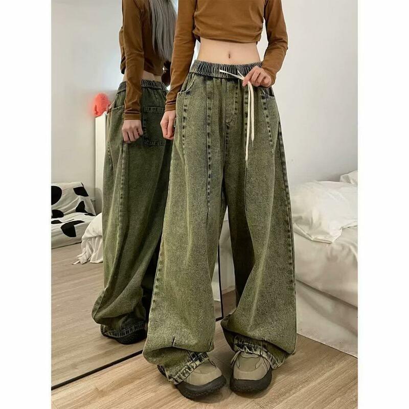 Spring Women Vintage Baggy Jeans Elastic Waist Oversized American Trouser Denim Wide Leg Streetwear Straight Basic Pants Y2k