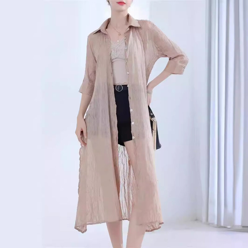 YUDX Miyake jubah wanita, jaket lipit warna polos desain Single-breasted, mantel Fashion bersirkulasi serbaguna Musim Panas 2024