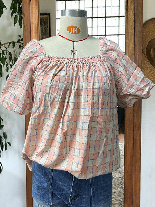 Blusa plisada de manga abullonada a cuadros para mujer, Top informal de gasa, rosa, crema, guirnalda de Gingham