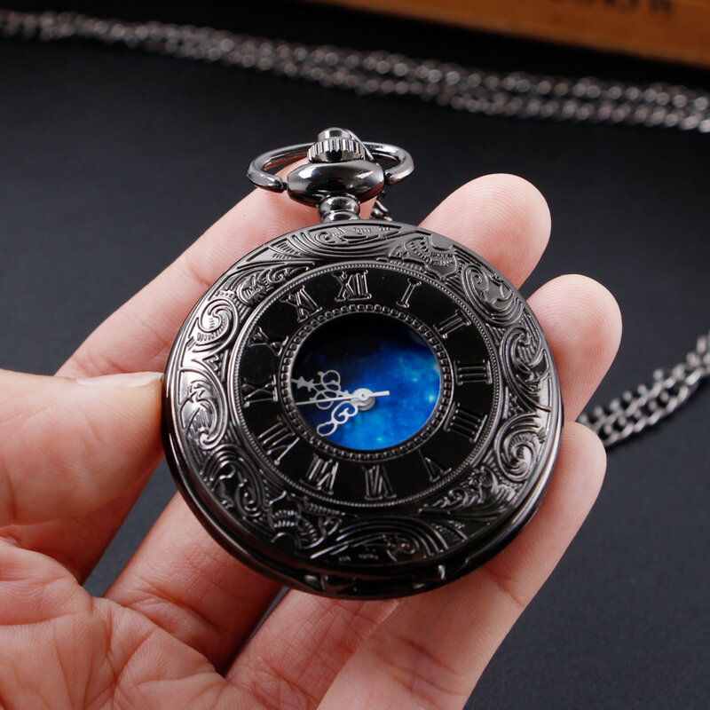 블랙 맞춤형 로마 스케일 쿼츠 포켓 시계, 블루 별이 빛나는 하늘 다이얼 펜던트 시계 체인, 남성 여성 친구 선물