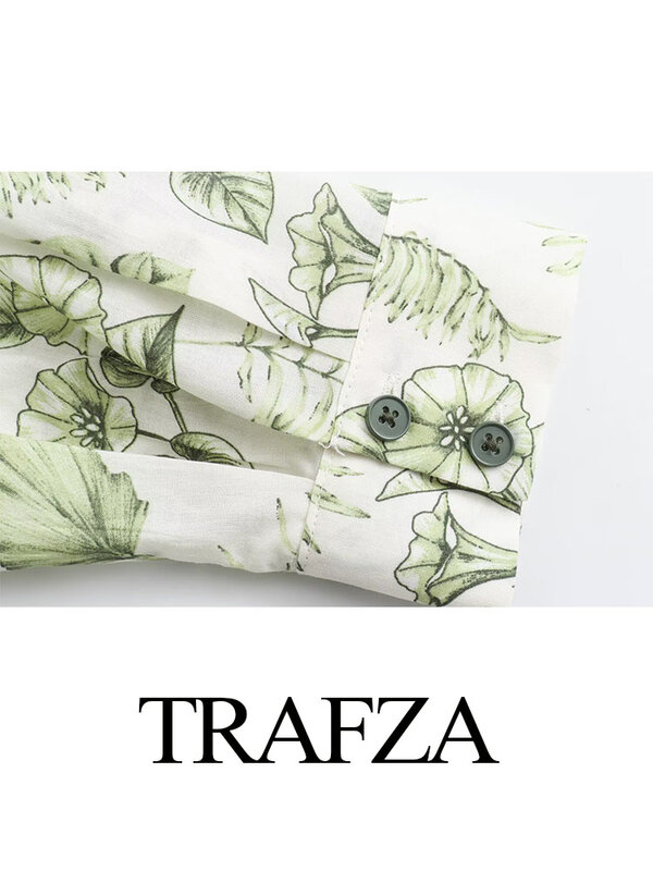Trafza Vrouw Elegante Lange Mouwen Vintage Blouses Vrouwen Causaal Licht Groene Print Revers Single-Breasted Pocket Versieren Shirt Top