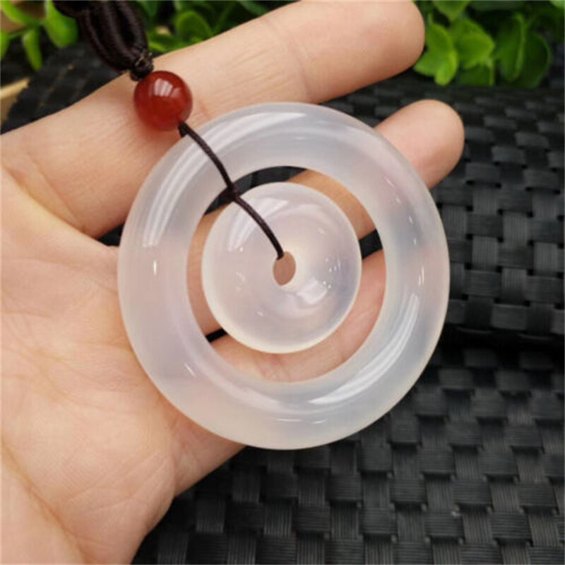 Natural Chinese icy White agate carving lucky ice safe buckle donut pendant