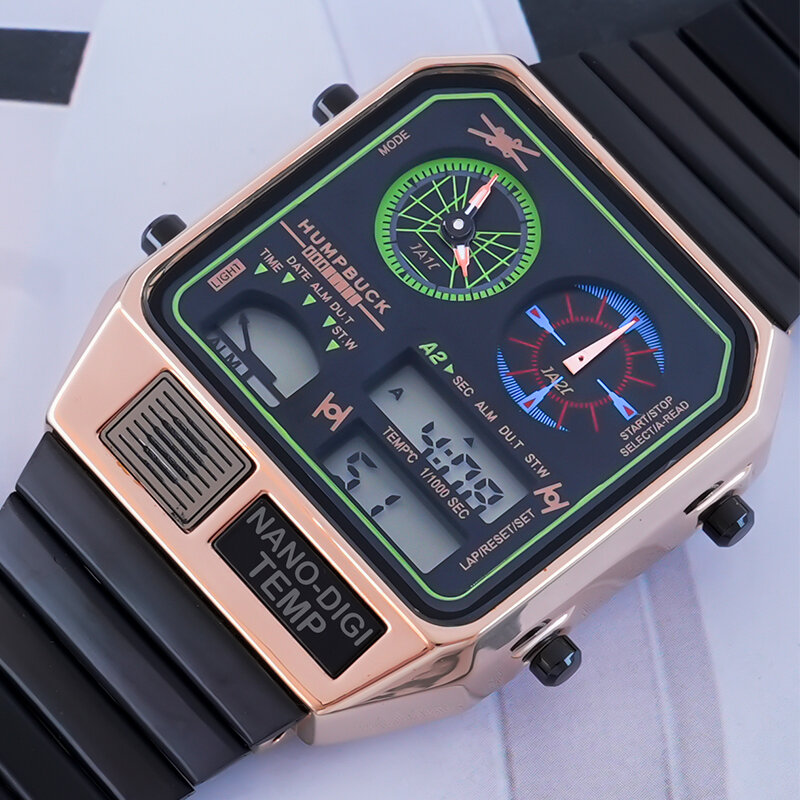 Мужские водонепроницаемые спортивные часы HUMPBUCK, секундомер из нержавеющей стали, хронограф с классическим дизайном и двойным отображением времени