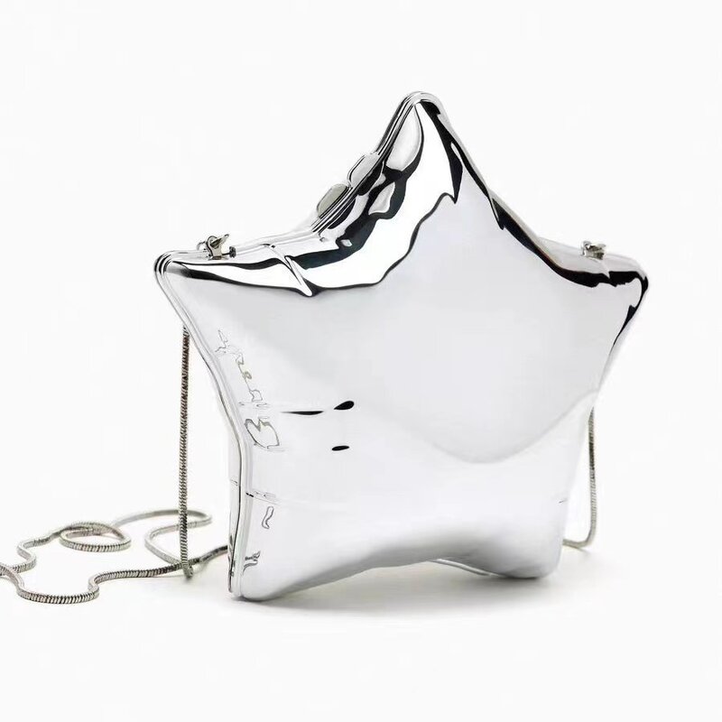 Niche Design Gold And Silver Chain Women's Evening Bag 2024 New Bright Face Five Pointed Star Shoulder Bag Funny Party Bag