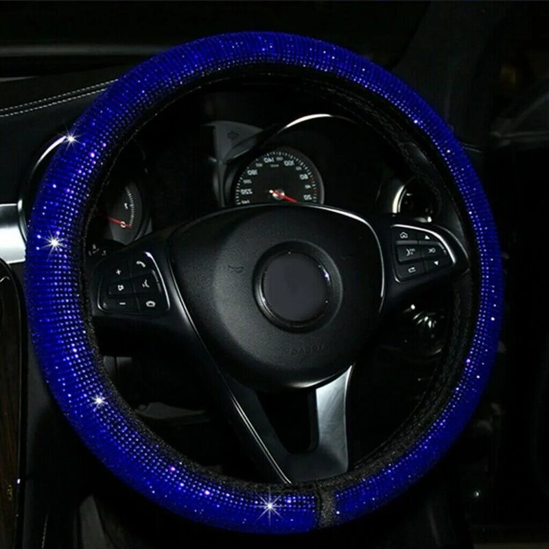 Penutup kemudi mobil berlian imitasi, 1 X aksesori kristal tahan lama Universal Upgrade mode biru hitam mewah