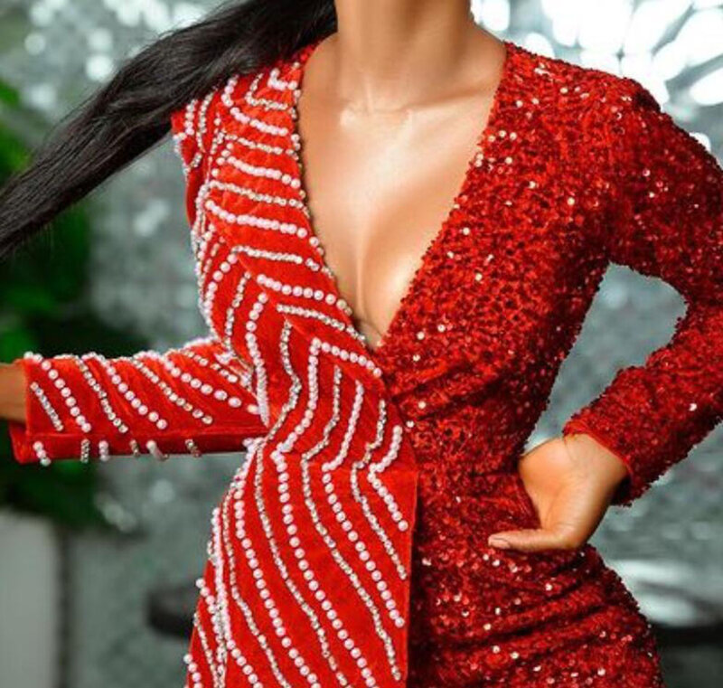 (Chaqueta + Pantalones) traje de negocios rojo de lujo con lentejuelas para mujer Aso Ebi árabe de manga larga con cuello en V trajes de cuentas africanas de talla grande