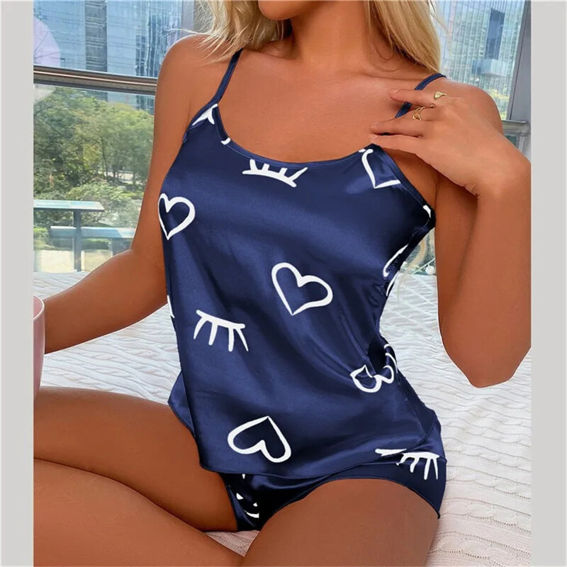 Conjunto de pijama Sexy con estampado de corazón para mujer, ropa de dormir de 2 piezas, camisola de satén de seda y pantalones cortos, pijama de verano
