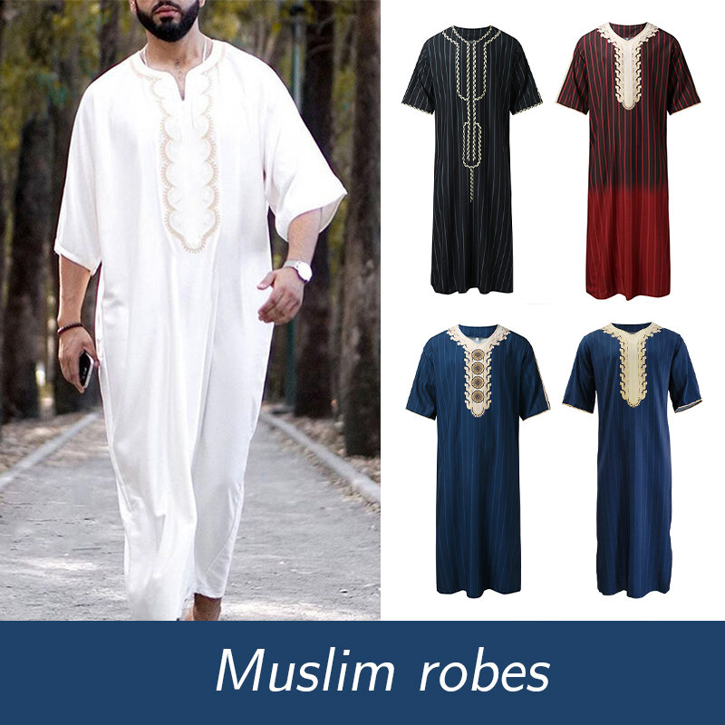 Mannen Thobe Islamitische Arabische Kaftan Korte Mouw Losse Retro Gewaden Shirt Abaya Midden-Oosten Thai Moslim Kleding Middeleeuws Kostuum