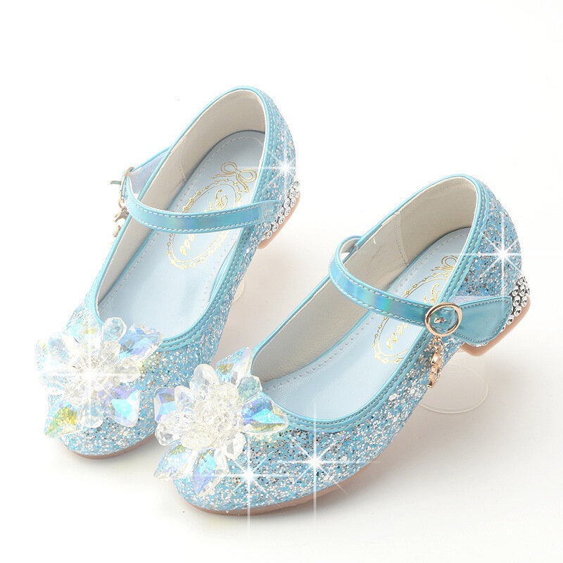 Новинка 2023, детские кожаные туфли принцессы, большие Алмазные цветы, блестящие детские туфли на высоком каблуке для девочек, танцевальная обувь для студентов и представлений