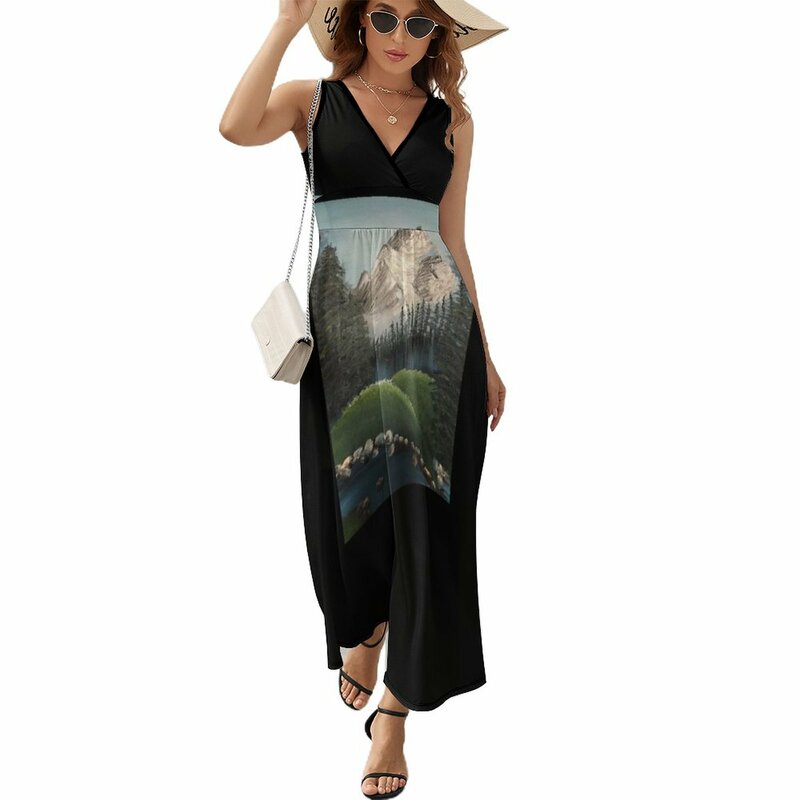 Gaun tanpa lengan lanskap warna-warni terinspirasi Bob Ross lukisan minyak gaun musim panas wanita 2023 pakaian wanita