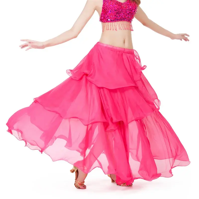 Women Belly Dance Lesson Wear Adult Chiffon Layered Skirt Dancing Costume Dress Gypsy Spanish Flamenco Oriental Practice Clothes