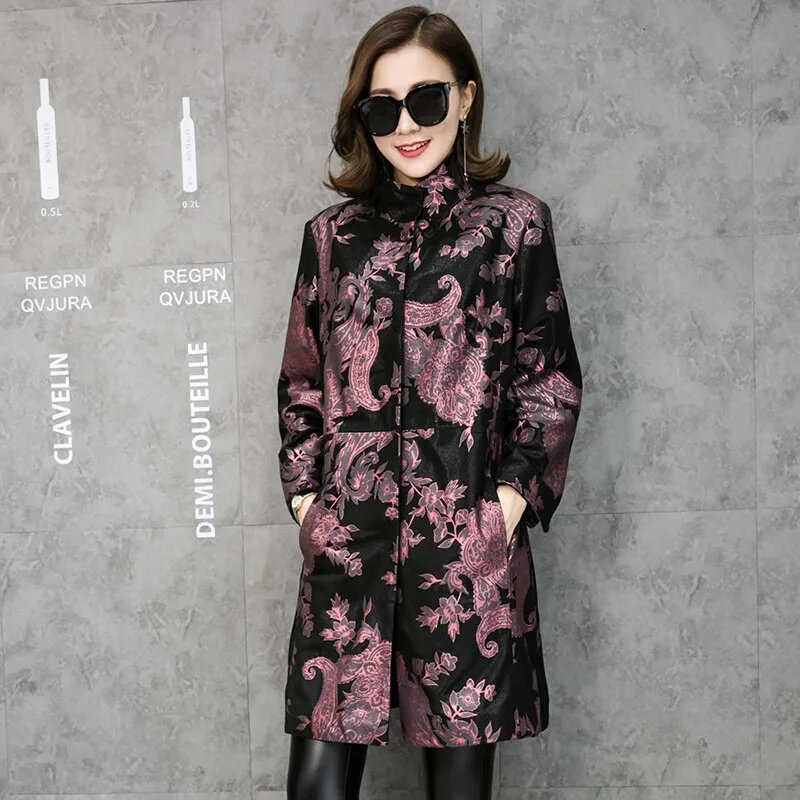 Multicolor Floral Print Genuine Leather Trench Coat, Real Lambskin Coats, Casacos Longos, Moda, Frete Grátis