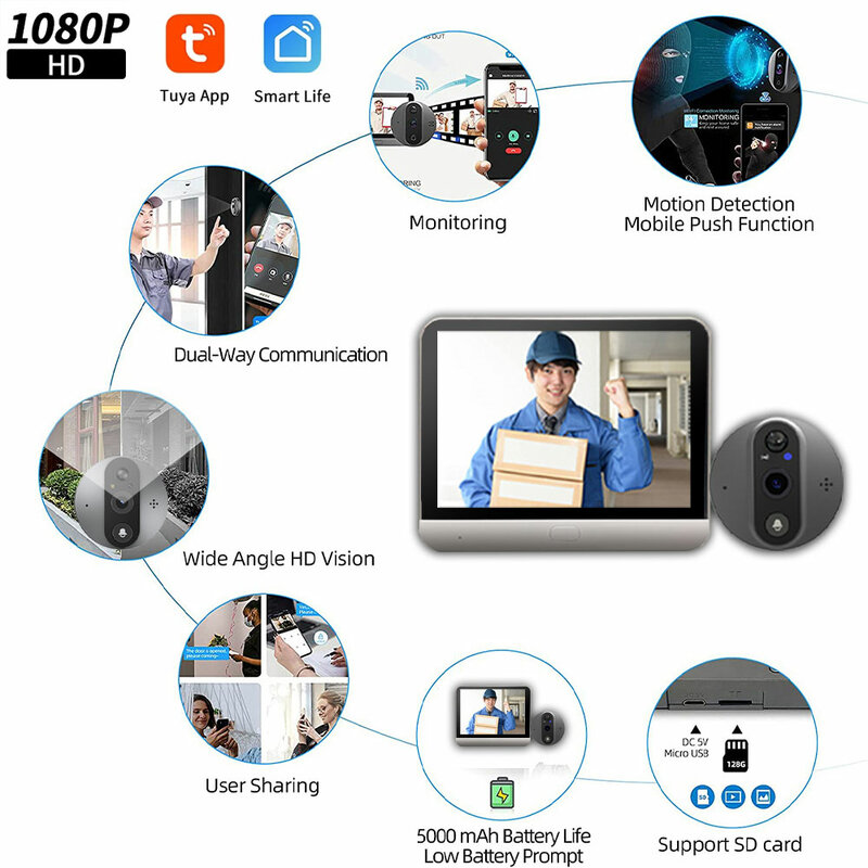 3MP Wifi lubang Pengintip Video, kamera bel pintu 4.3 inci layar IPS HD rumah pintar panggilan nirkabel PIR malam untuk IOS Android