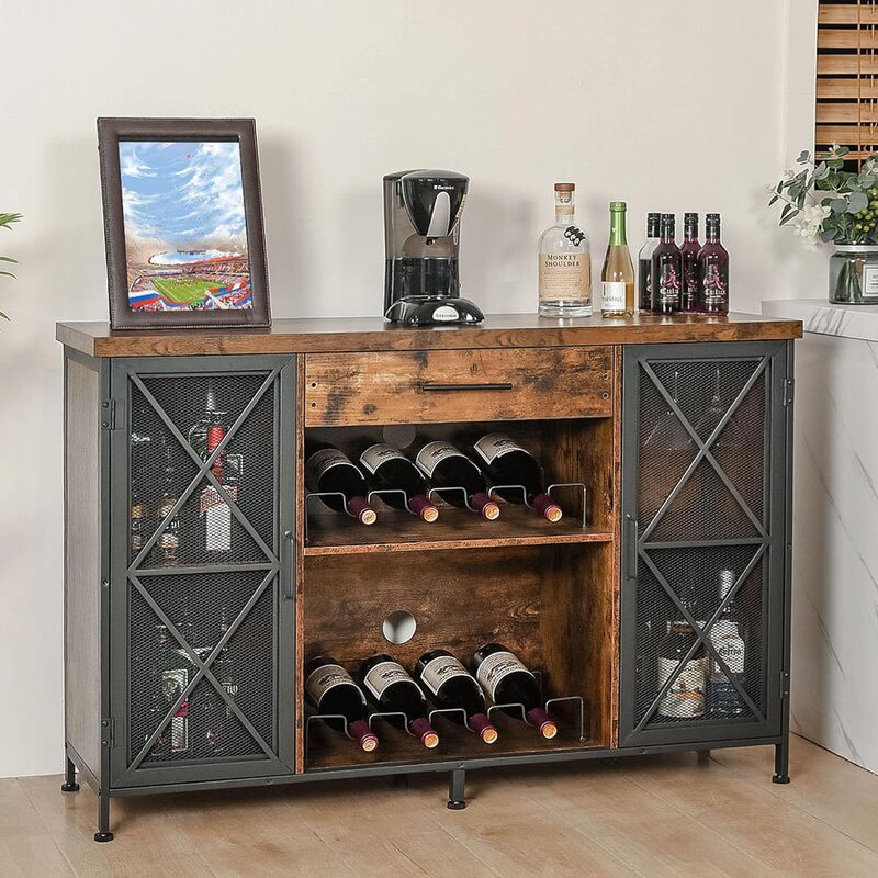 Armário com cremalheira do vinho e suporte de vidro, Aparador industrial para licor e copos, Farmhouse Coffee Bar