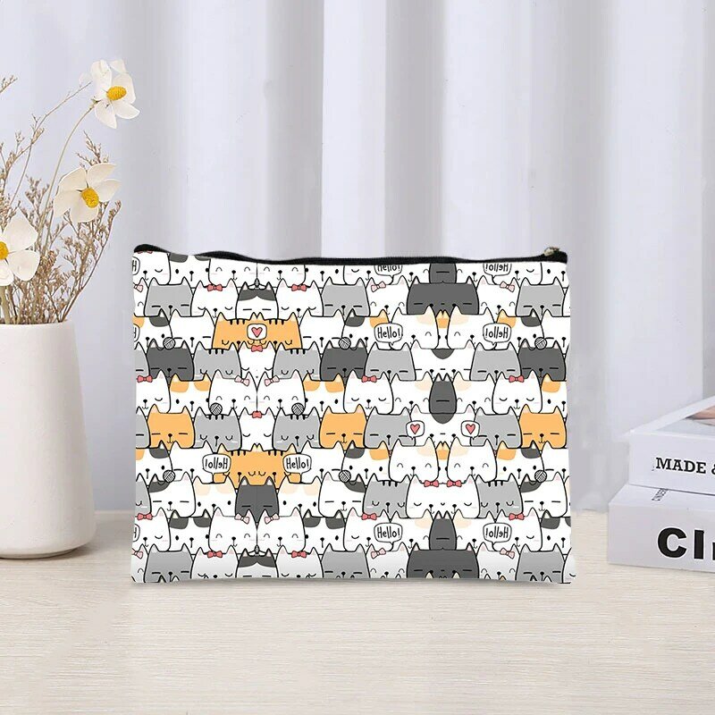 Kawaii Stacked Cats Makeup Pencil Case Trendy Cosmetic Bag Children Travel Stationery Storage Lipstick Cosmetic Storage Clutch