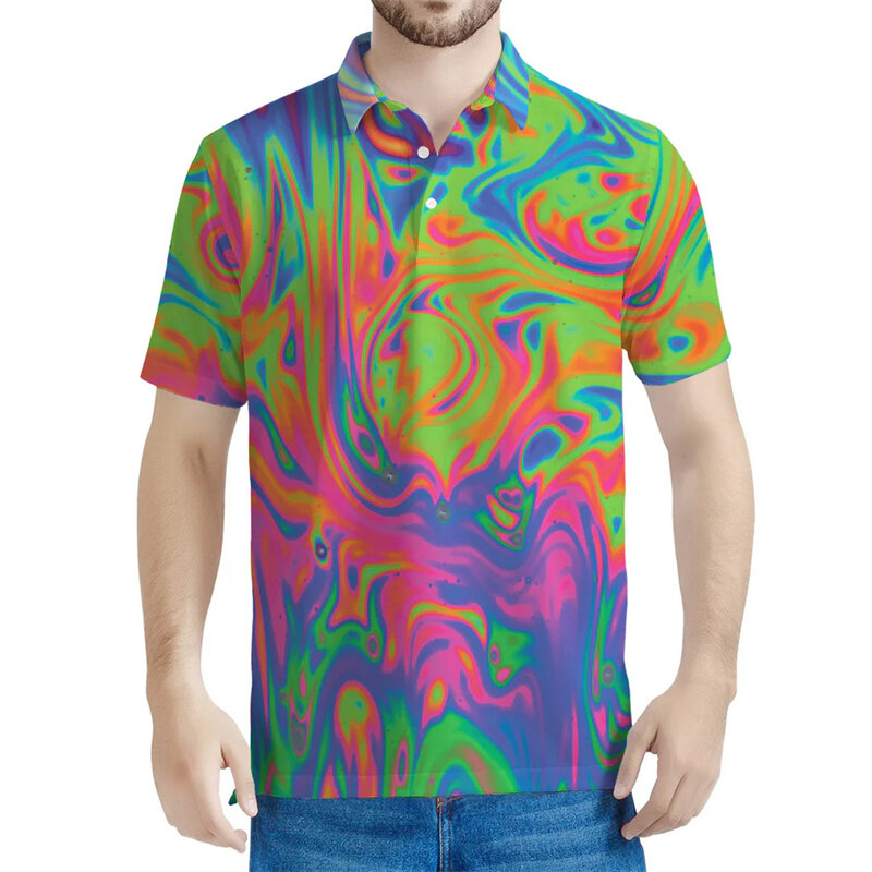 Polo con motivo a bolle di sapone colorato per uomo magliette a maniche corte stampate in 3D t-Shirt da strada estiva per il tempo libero t-Shirt con risvolto oversize