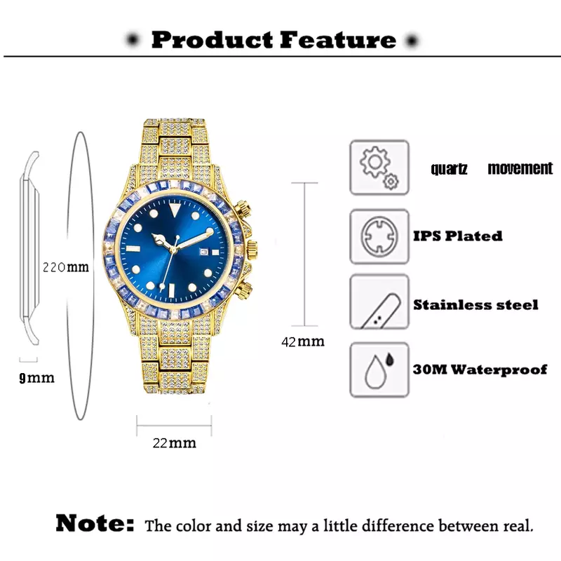 18K позолоченные часы для мужчин полностью бриллиантовые Iced Out мужские часы хип-хоп мужские наручные водонепроницаемые часы Reloj Hombre Droshipping