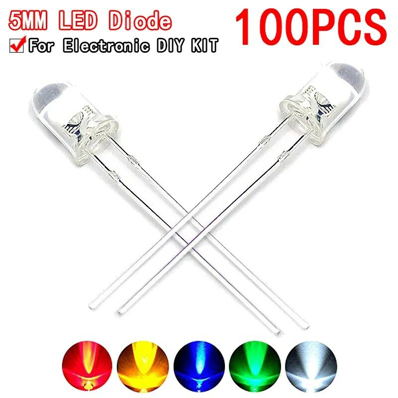 100pcs High quality Transparent Round 5mm Super Bright Water Clear Green Red White Yellow Blue Light LED Bulbs Emitting Diode