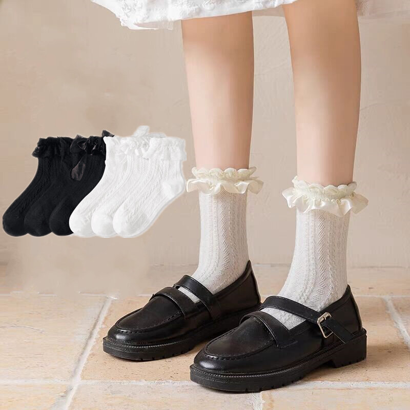 Kaus kaki Wanita padat Hitam Putih Lolita renda kaus kaki Ruffle tipis musim panas gaya Jepang Kawaii manis gadis lucu kaus kaki pendek wanita
