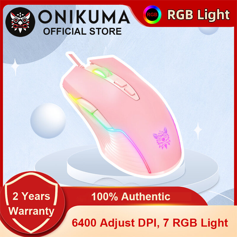 ONIKUMA CW905สีชมพูสายเมาส์สำหรับเล่นเกมส์7ปุ่มตั้งโปรแกรมได้6ระดับปรับ DPI RGB 7โหมดเม้าส์สำหรับ PC