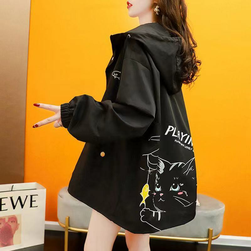 Jaqueta de manga comprida feminina com capuz, blusão exterior, camisola, casaco, streetwear solto, zíper, preto, primavera, outono, roupas
