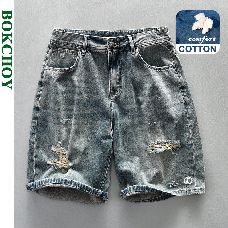 Shorts jeans lavados vintage rasgados para homens, roupas casuais soltas, algodão macio, calças na altura do joelho, verão, novo, AG7150