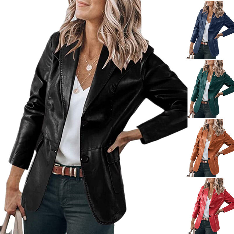 Куртка женская из искусственной кожи, шикарный винтажный модный однотонный пиджак в стиле Харадзюку, Повседневная Уличная одежда с длинным рукавом и лацканами