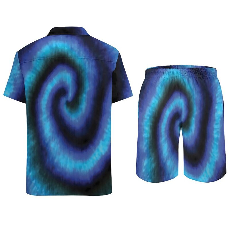 طقم قميص شاطئ بصبغة ربطة عنق للرجال ، طباعة حلزونية زرقاء ، أكمام قصيرة ، شورت غير رسمي ، بدلة هاواي صيفية ، ملابس مقاس كبير