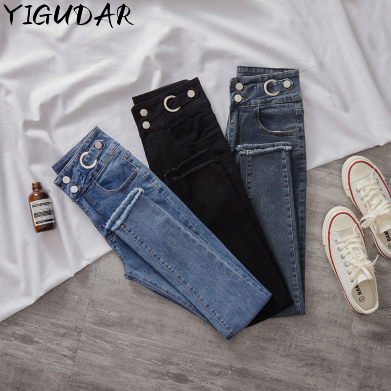 2023 Vintage High Waist Three Buttons Skinny Pencil Jeans Korean All-match Slim Denim Trousers Classic Ankle-length Women Pants
