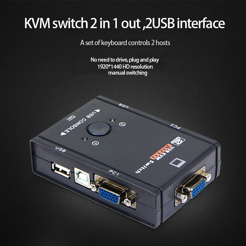 USB VGA KVM Switch Box, 2 em 1, 4K, 2 PC Sharing, Teclado, Mouse, Plug, Live Video Display, USB, Switch Splitter