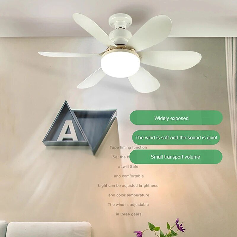 Inteligente Ventilador de Teto Silencioso com Controle Remoto, Iluminação LED, Lâmpada do quarto, Sala, 30W, Bases Conversor E27, 1 Set